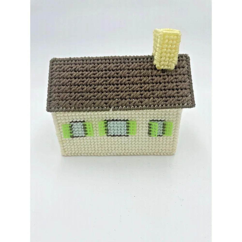 Vtg 70s Yarn Needlepoint Completed Car Dealership‎ &Cottage House Plastic Canvas